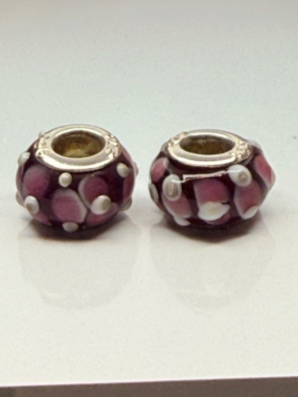 Pair 925 Sterling Silver Core Lampwork Glass Floral Charm Beads